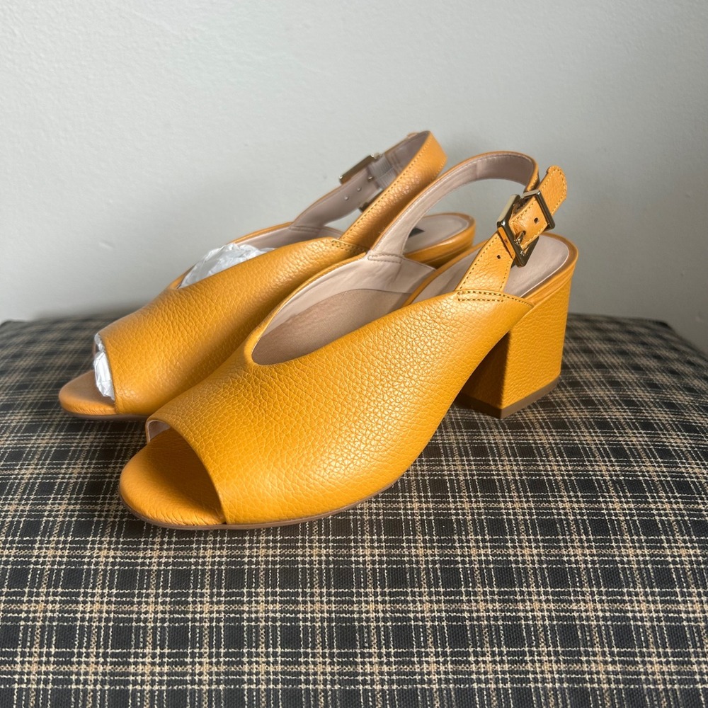 Jorge Bischoff Pebbled Leather Slingback Block Heel Sandal Size 4 Mustard Yellow